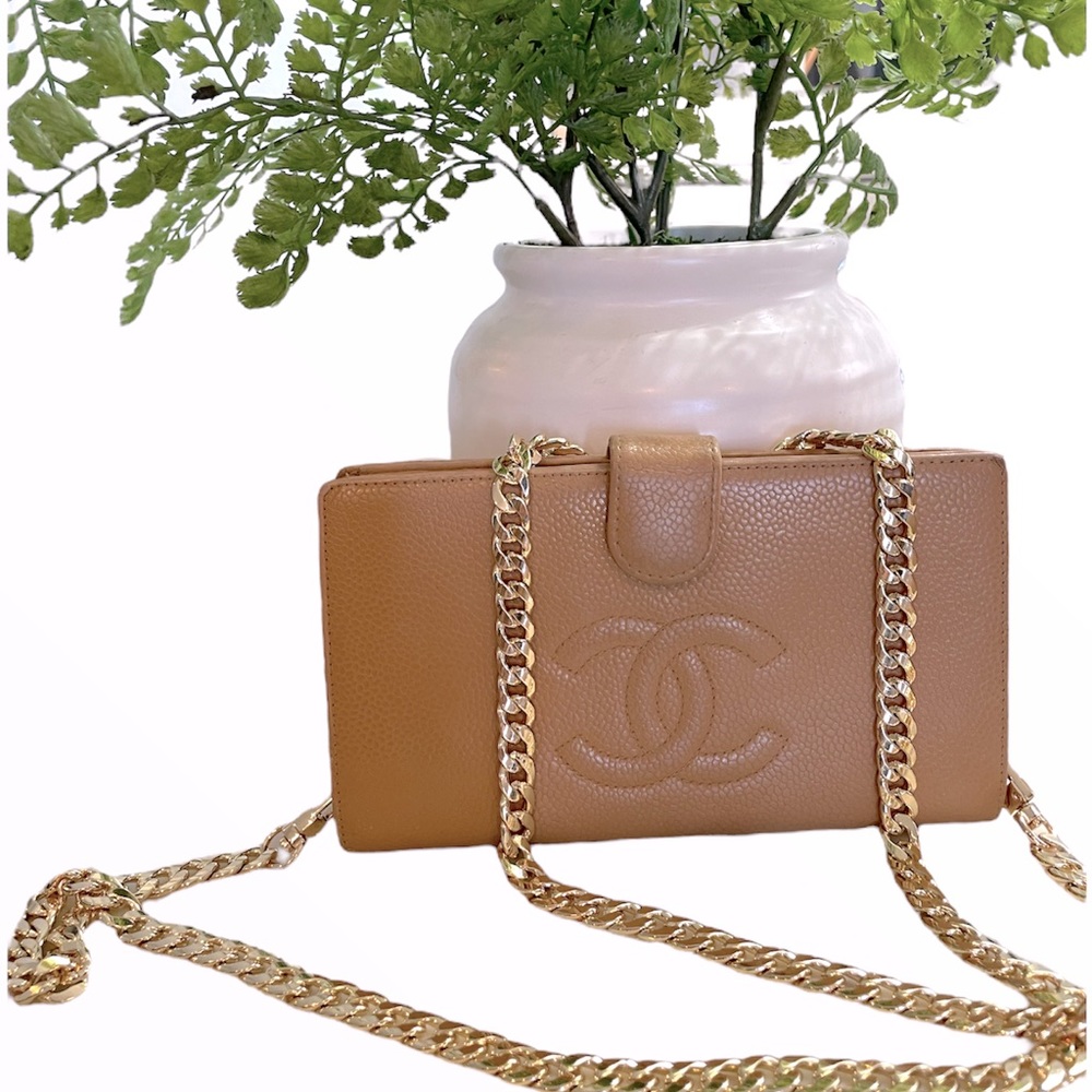 CHANEL Tan Caviar Leather Wallet on Chain with Gold Chain